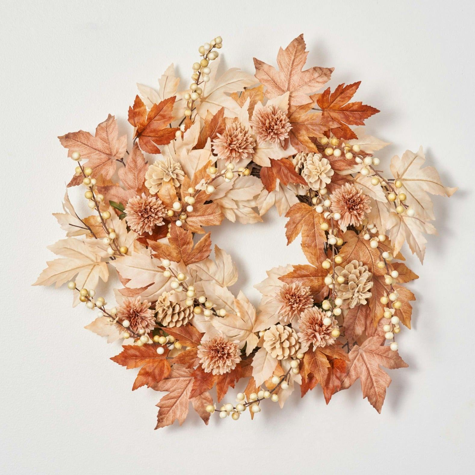 Natural Elegance - Autumn Brown Cream Maple Leaf & Berry with Mini Cafe Au Lait Mums Fall Front Door Wreath