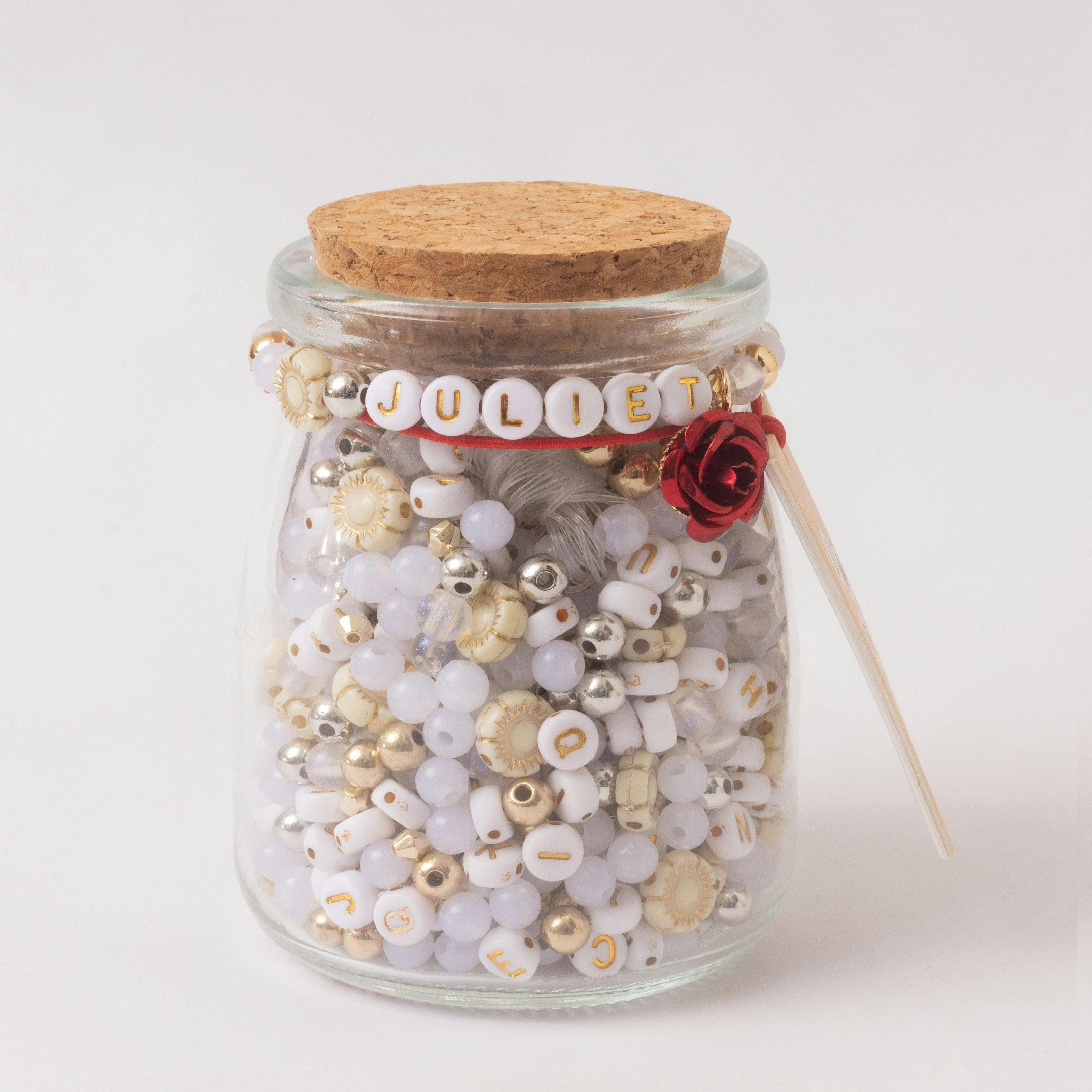 Juliet Floral Gold and White Alphabet Bead DIY Word Bracelt Kit with Red Rose Charm