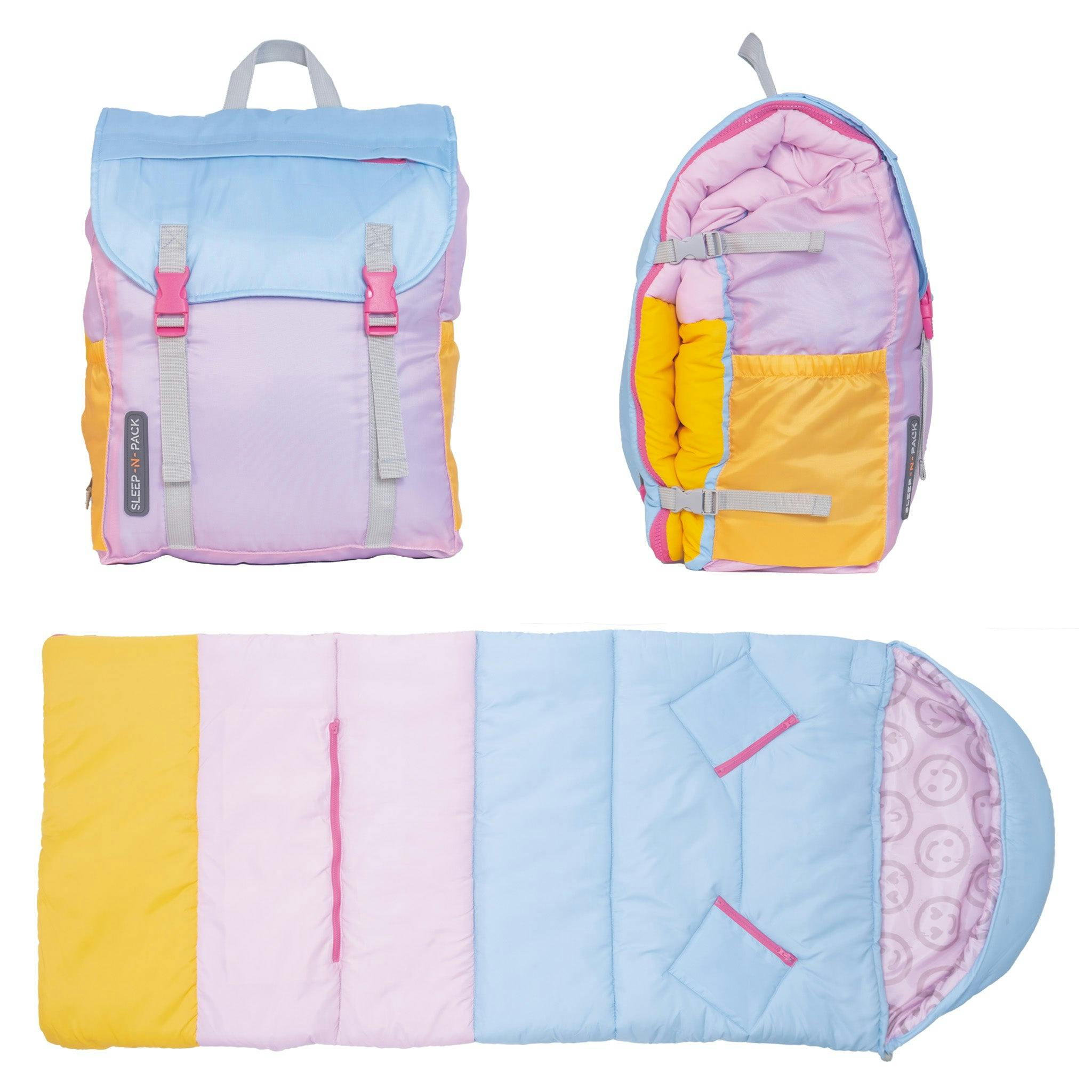 Sleep-N-Pack™ – Big Kid Size | Color Block Camp Collection: Pink Smile Face