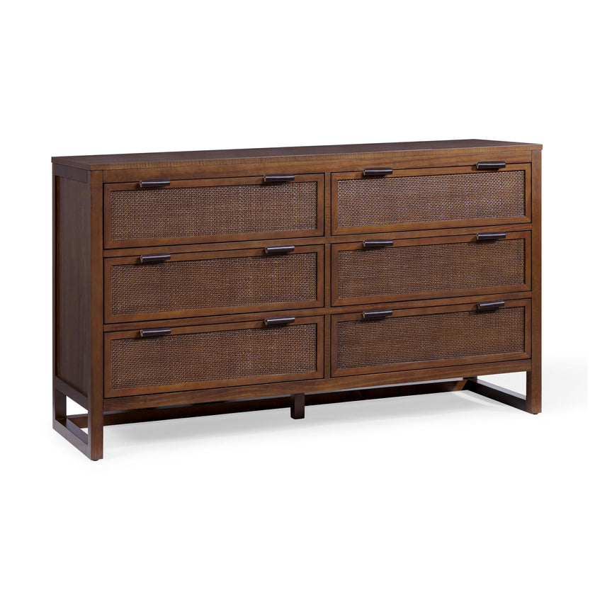 Hatteras Dresser with 6 Rattan Inset Drawers, Faux Leather Pulls & Deep Storage
