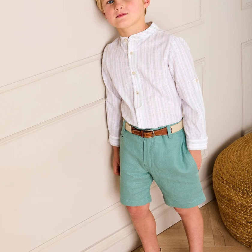 Hampton Stripe Mao Collar Shirt in Green (3- 10yrs)