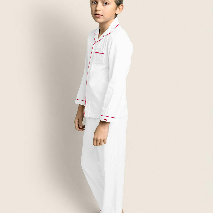 Kid's Twill Pajama Set in White with Red Piping