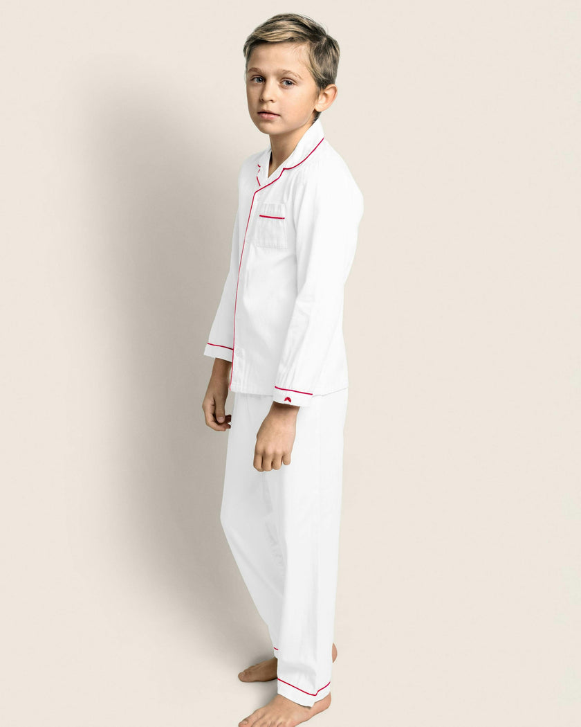 Kid's Twill Pajama Set in White with Red Piping