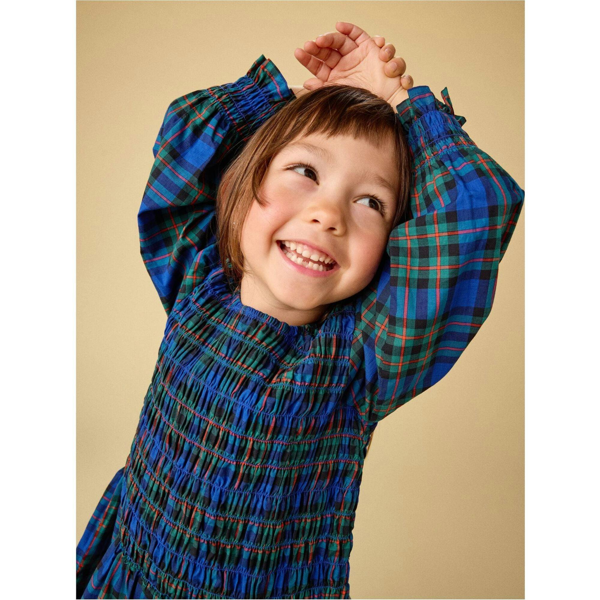 Smocked Woven Blouson Sleeve, Blue