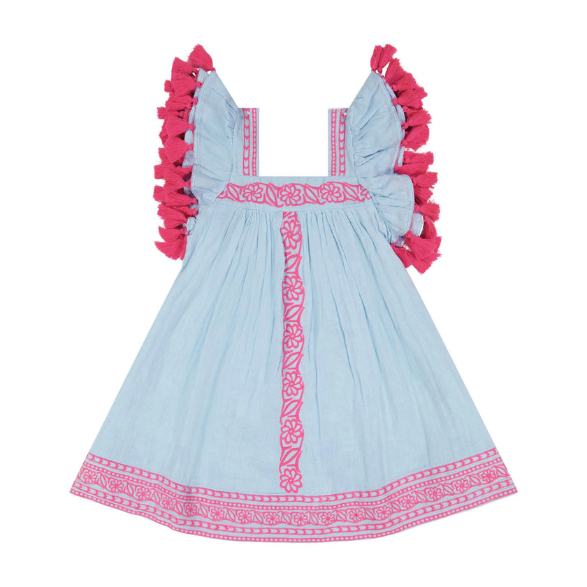 Serena Girls Tassel Dress Sky Embroidery, Navy