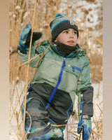 Two Piece Play Snowsuit Green And Navy Colorblock With Blue Camouflage Pants