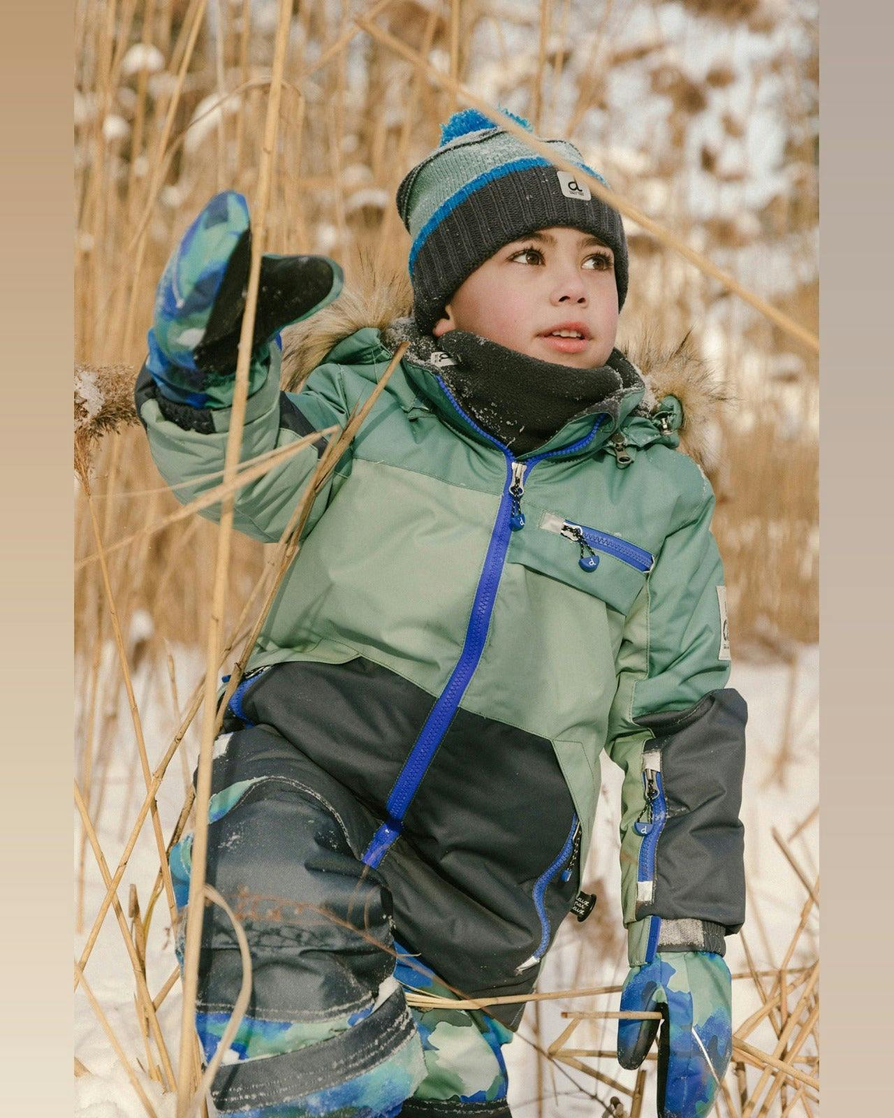 Two Piece Play Snowsuit Green And Navy Colorblock With Blue Camouflage Pants