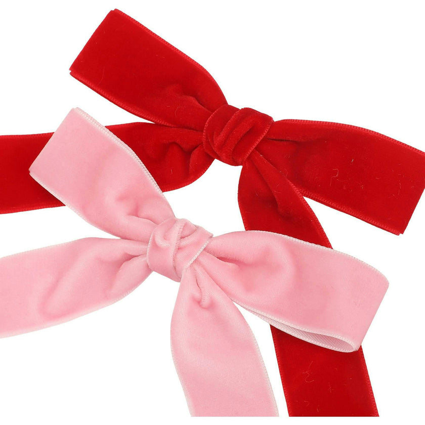 Packed Party Pink and Red Velvet Clip-On Bow Set of 5 - Luxe Velveteen Ribbon Bows with Metal Clip for Napkins Place Settings and Party Favors