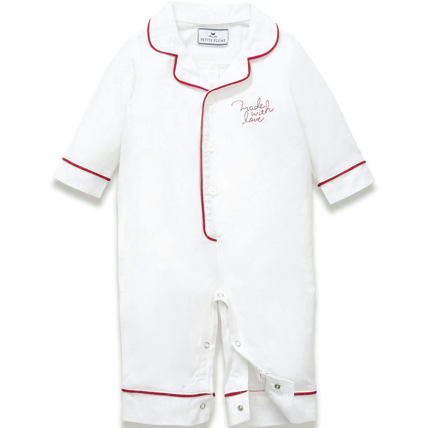 Baby's Twill Classic Romper in White with 'Made with Love' Embroidery