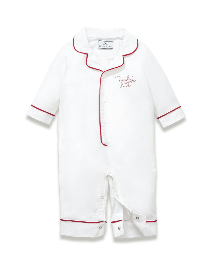 Baby's Twill Classic Romper in White with 'Made with Love' Embroidery