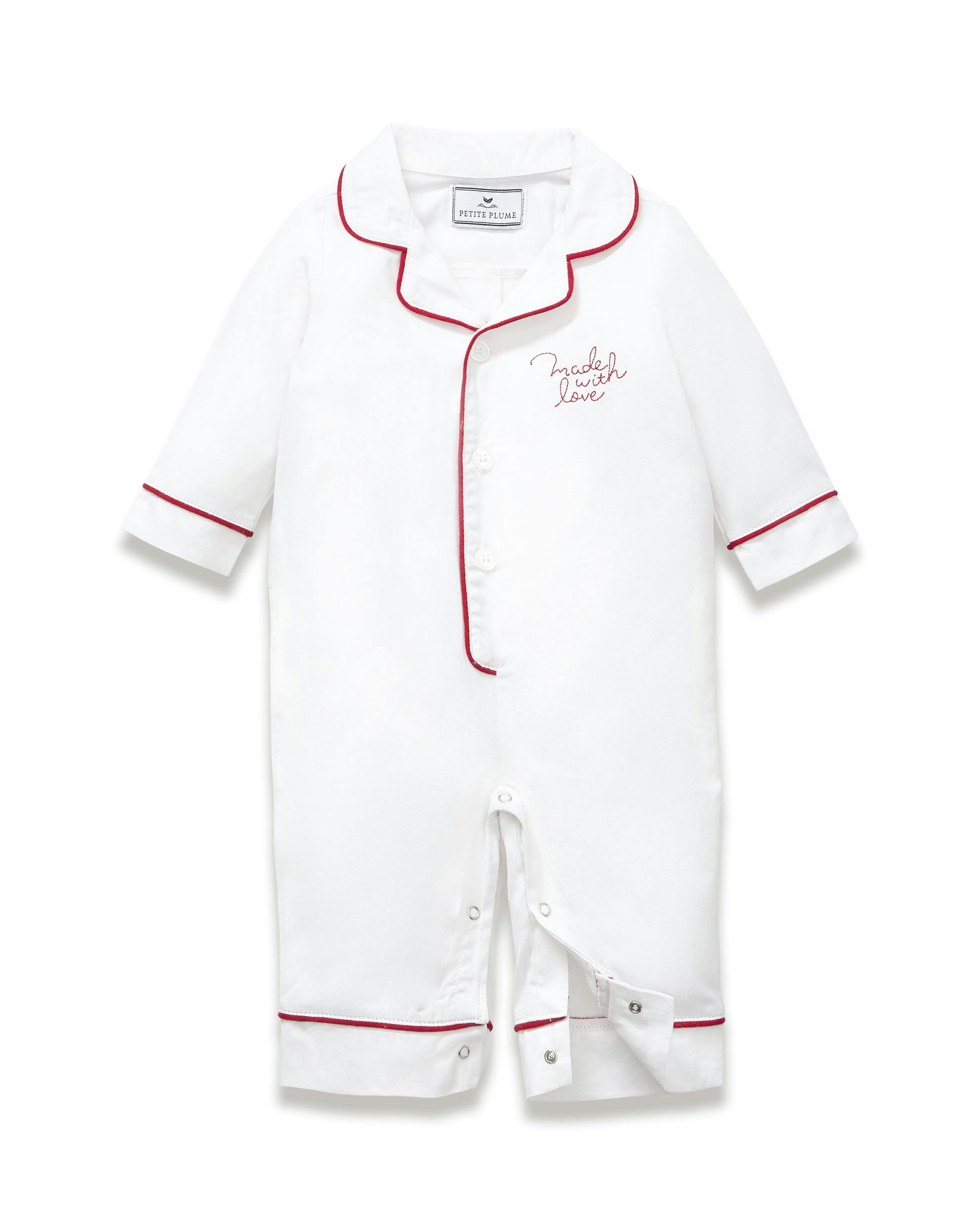 Baby's Twill Classic Romper in White with 'Made with Love' Embroidery