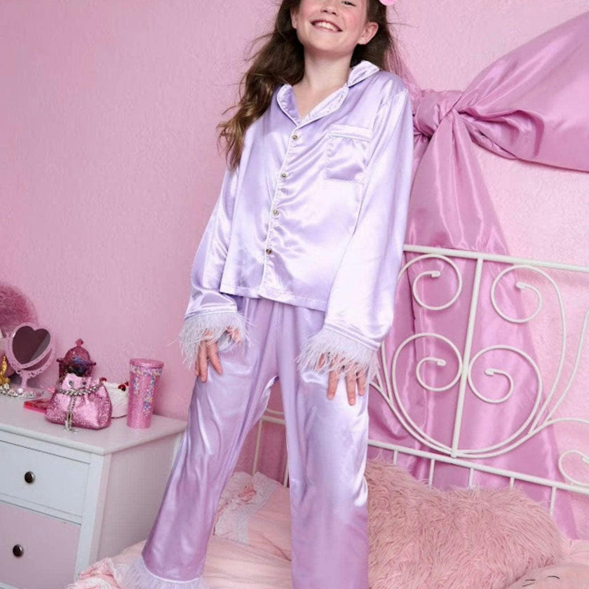 Feather Trim Cuff Silk Pajamas Set