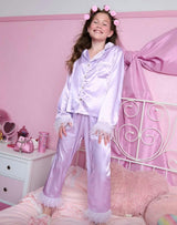 Feather Trim Cuff Silk Pajamas Set