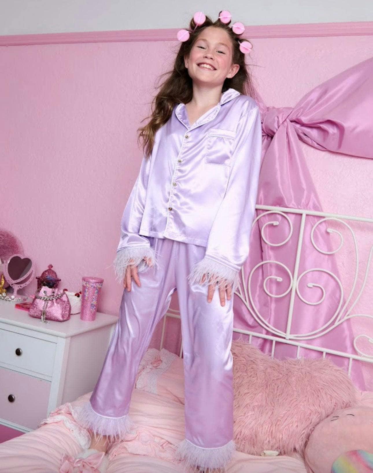Feather Trim Cuff Silk Pajamas Set