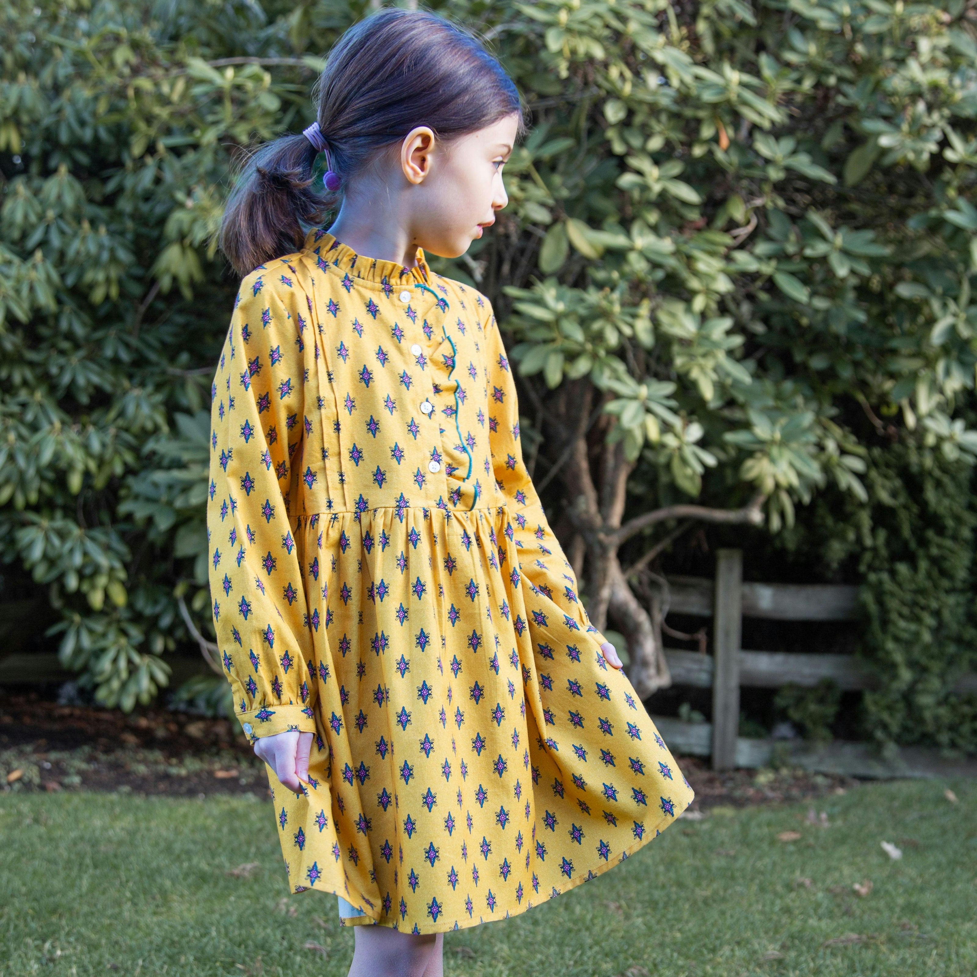 Girls All-Over Print Front Ruffle Long Sleeve Dress