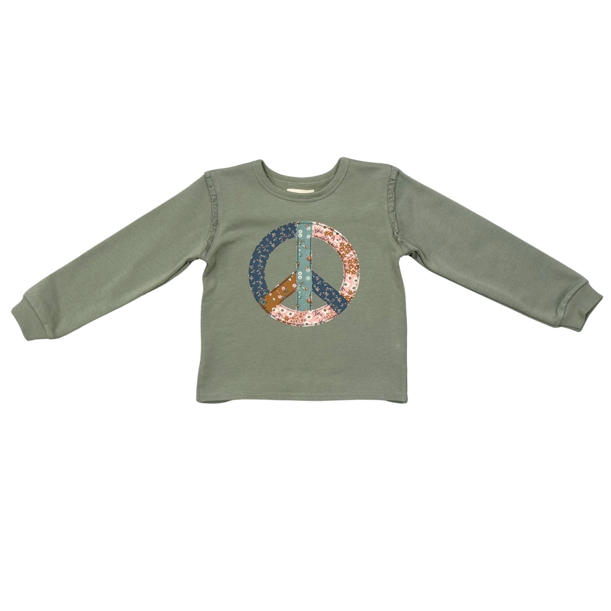 Girls Raw Edge Sweatshirt in Patchwork Peace Sign