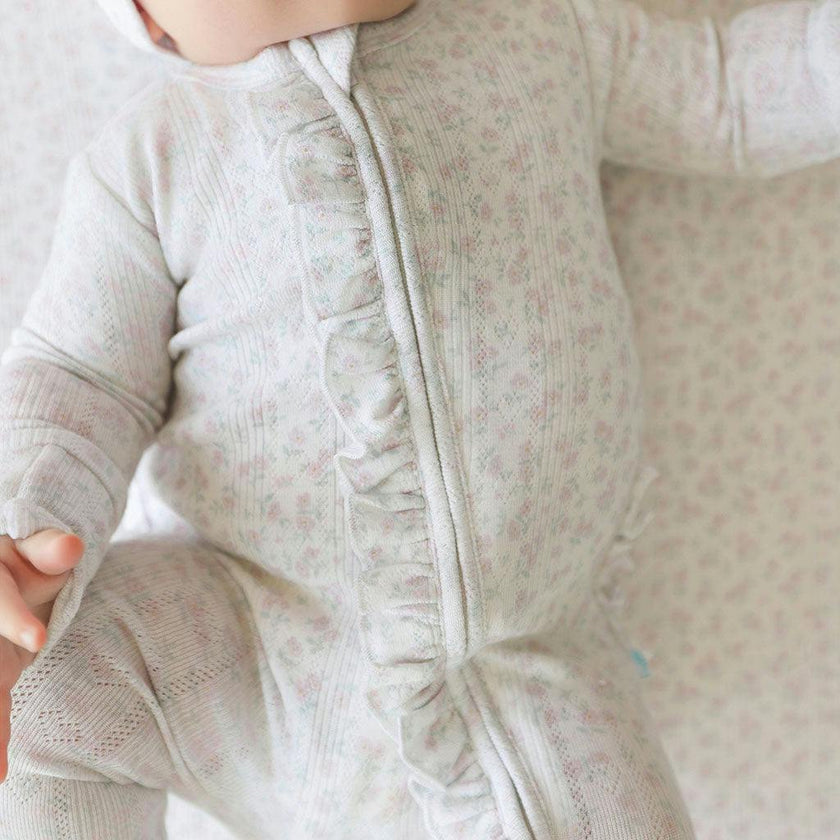 Andina Cream Pointelle Footie Ruffled Zippered One Piece