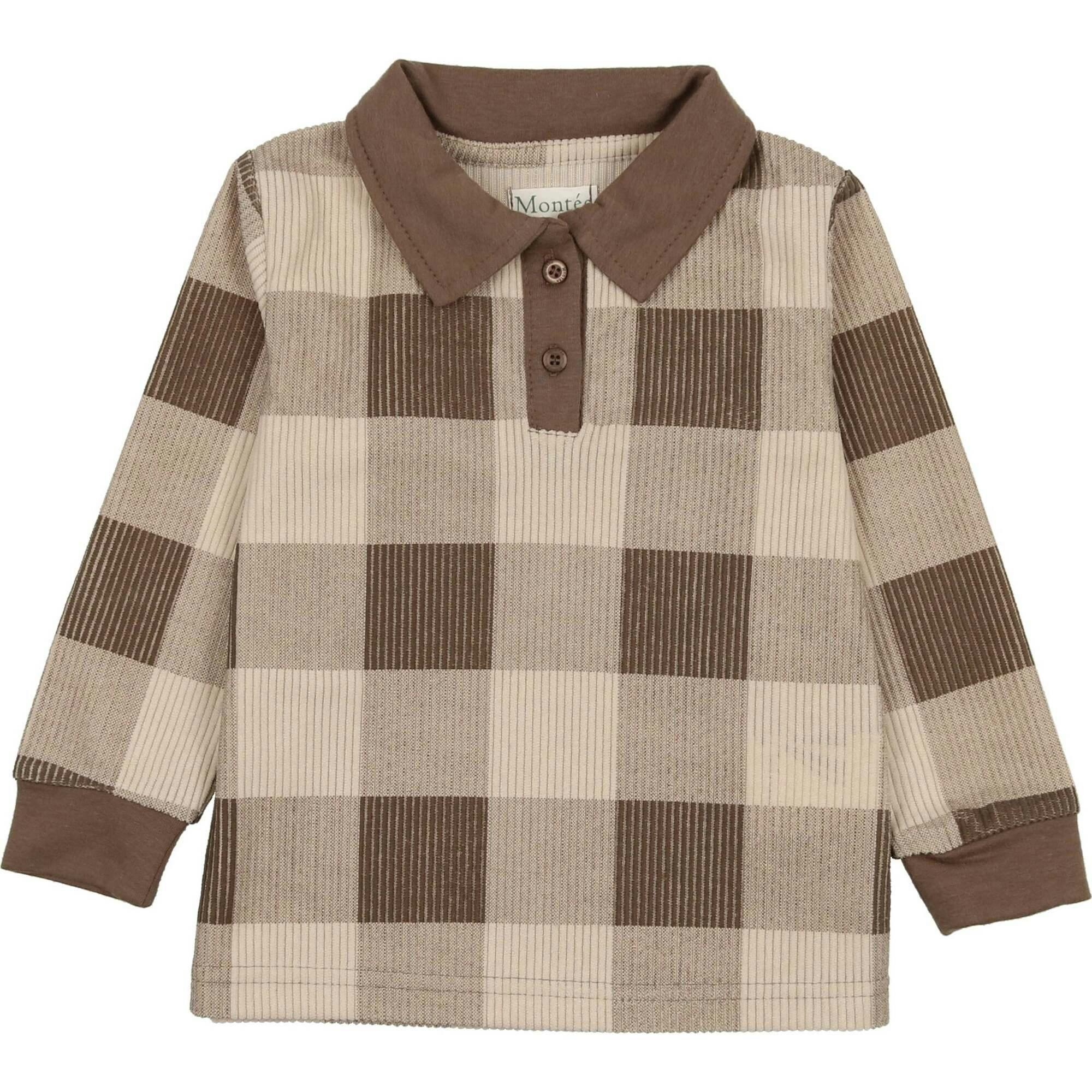 Corduroy Plaid Panel Long Sleeve Polo Shirt