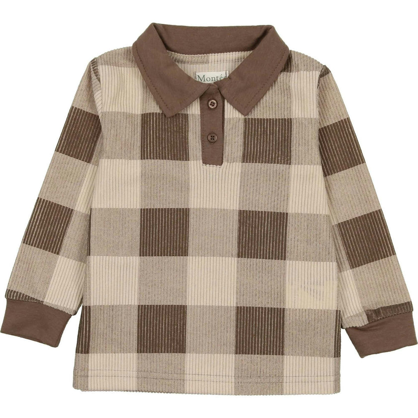 Corduroy Plaid Panel Long Sleeve Polo Shirt