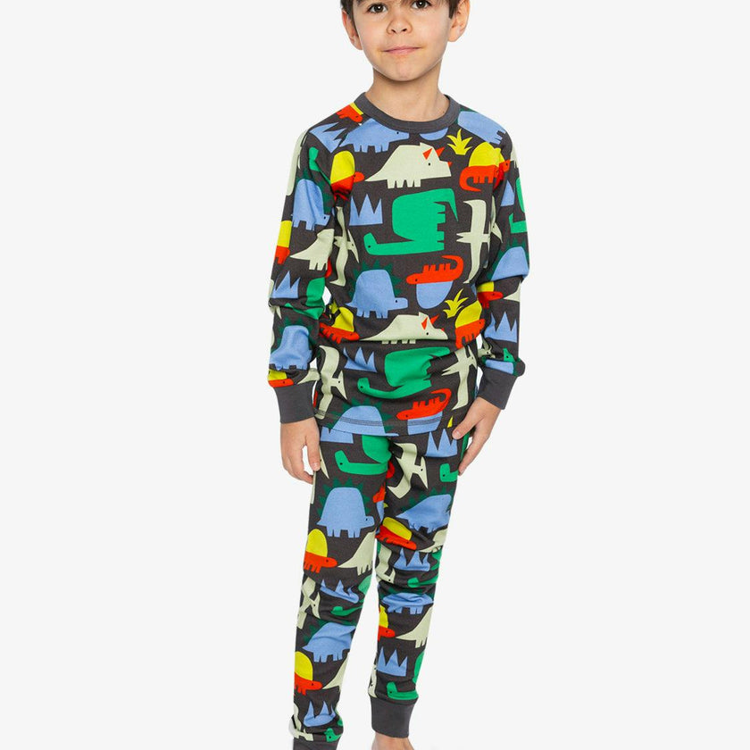 Organic Cotton Two Piece Pajama Set Black Dinosaur Print