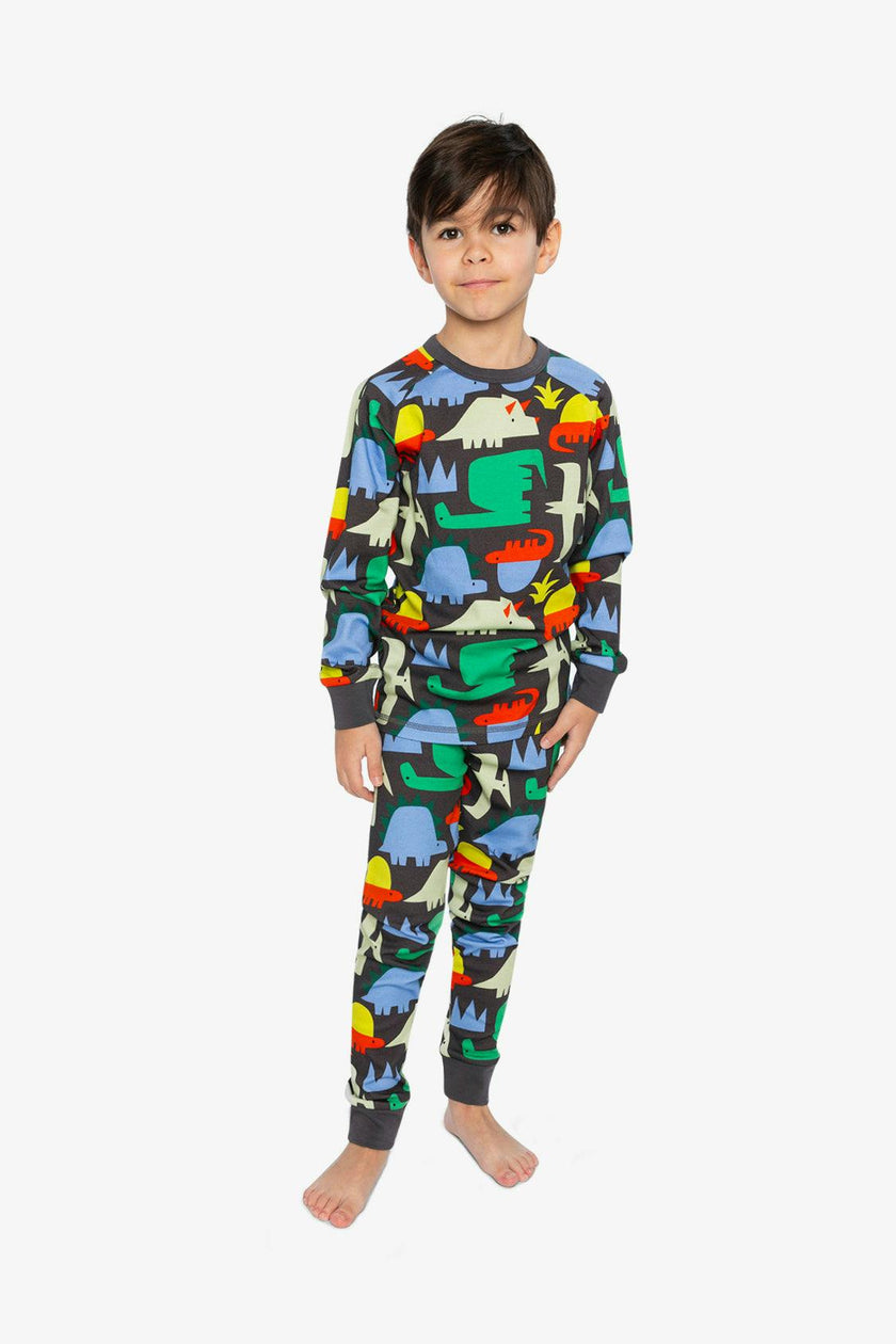 Organic Cotton Two Piece Pajama Set Black Dinosaur Print