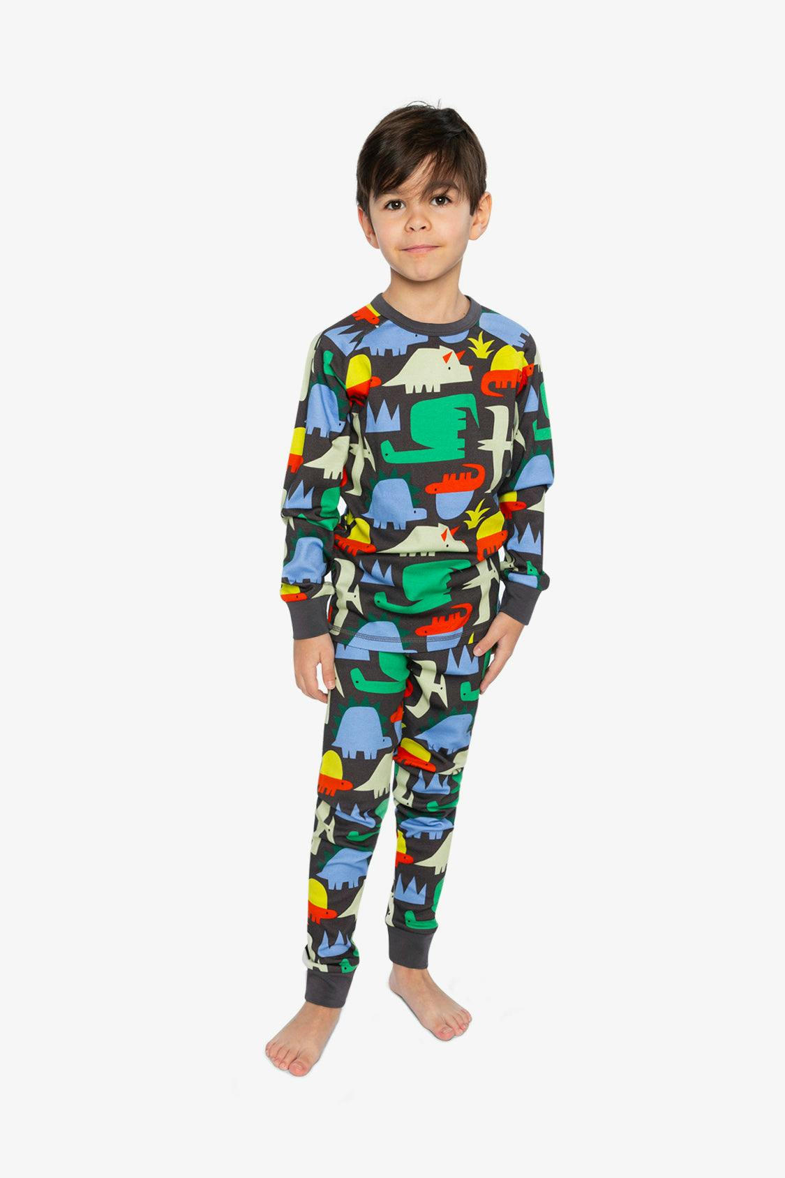 Organic Cotton Two Piece Pajama Set Black Dinosaur Print