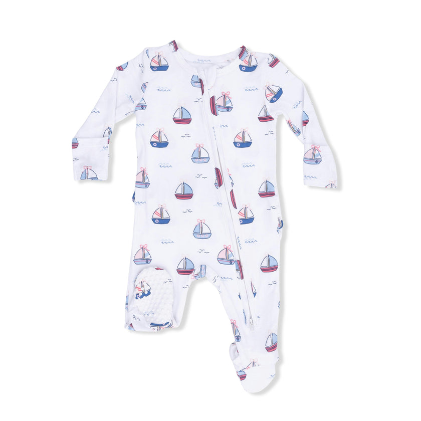 Bubbly Sailboats Pink - 2 Way Ruffle Back Zipper Footie