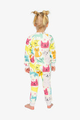 Organic Cotton One Piece Pajama White Cat Print