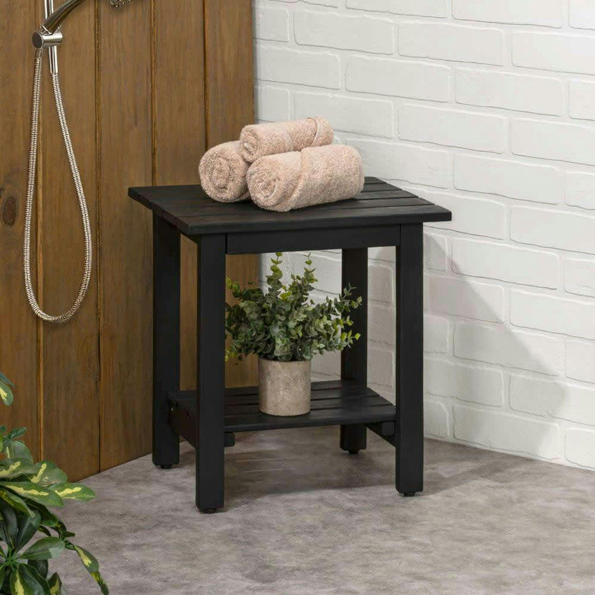 Kellie 16.1" Cottage Classic Slatted Solid Acacia Wood Indoor/Outdoor Shower Bench with Shelf
