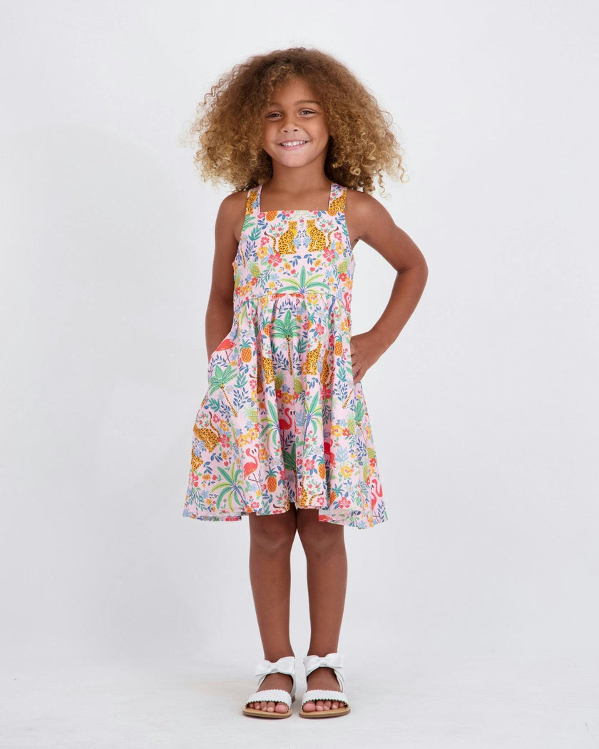 Girls Textured Cotton Poplin Dress | Pink Cheetah