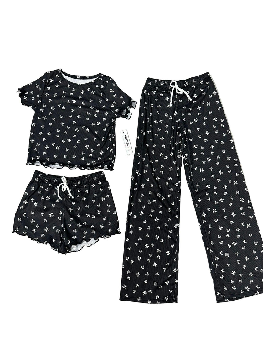 Girls Printed Lounge 3 Pc Short Sleeve Top Pants and Shorts Set