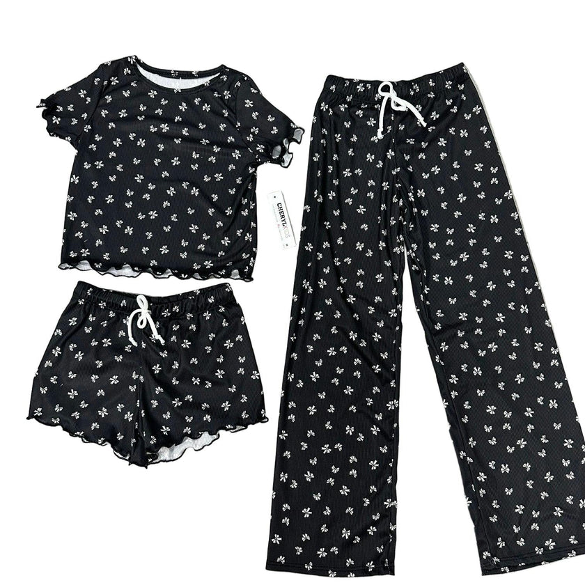 Girls Printed Lounge 3 Pc Short Sleeve Top Pants and Shorts Set