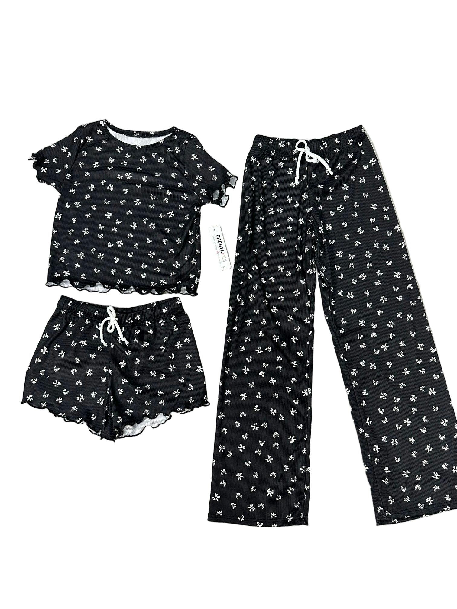 Girls Printed Lounge 3 Pc Short Sleeve Top Pants and Shorts Set