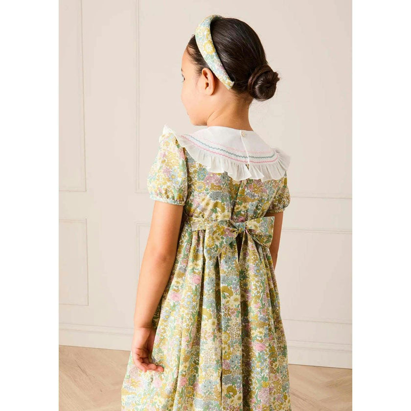 Charlotte Floral Hand Smocked Embroidered Collar Short Sleeve Dress in Green (4-8yrs)