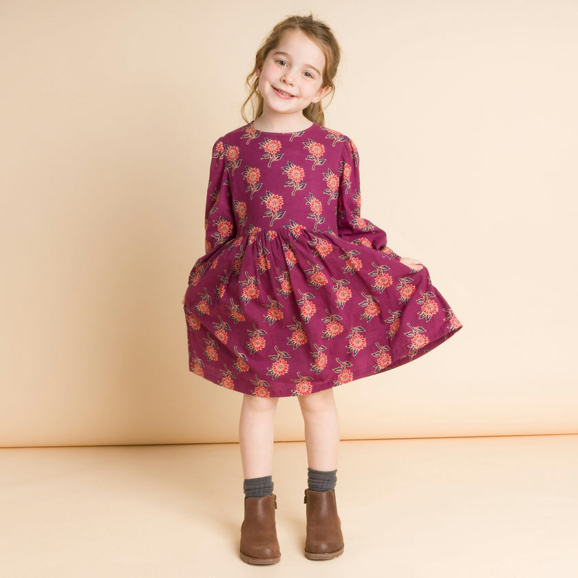 Girls' Long Sleeve Dress with Floral Motif