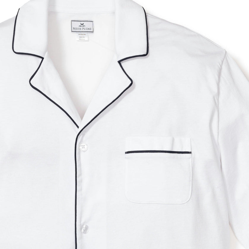Men's Pima Pajama Set in White with Navy Piping