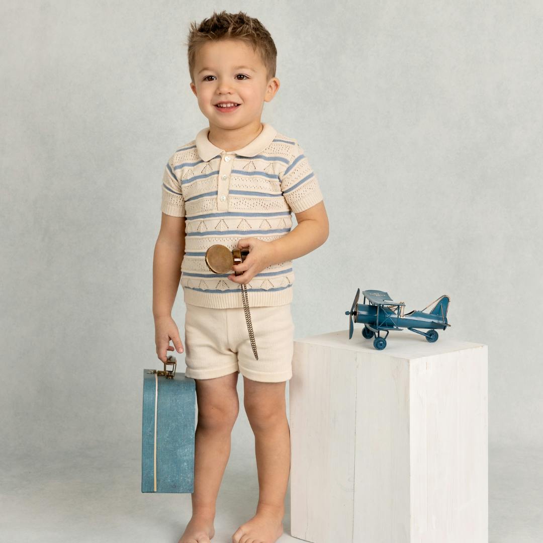 Boys Pointelle Striped Knit Set Ecru