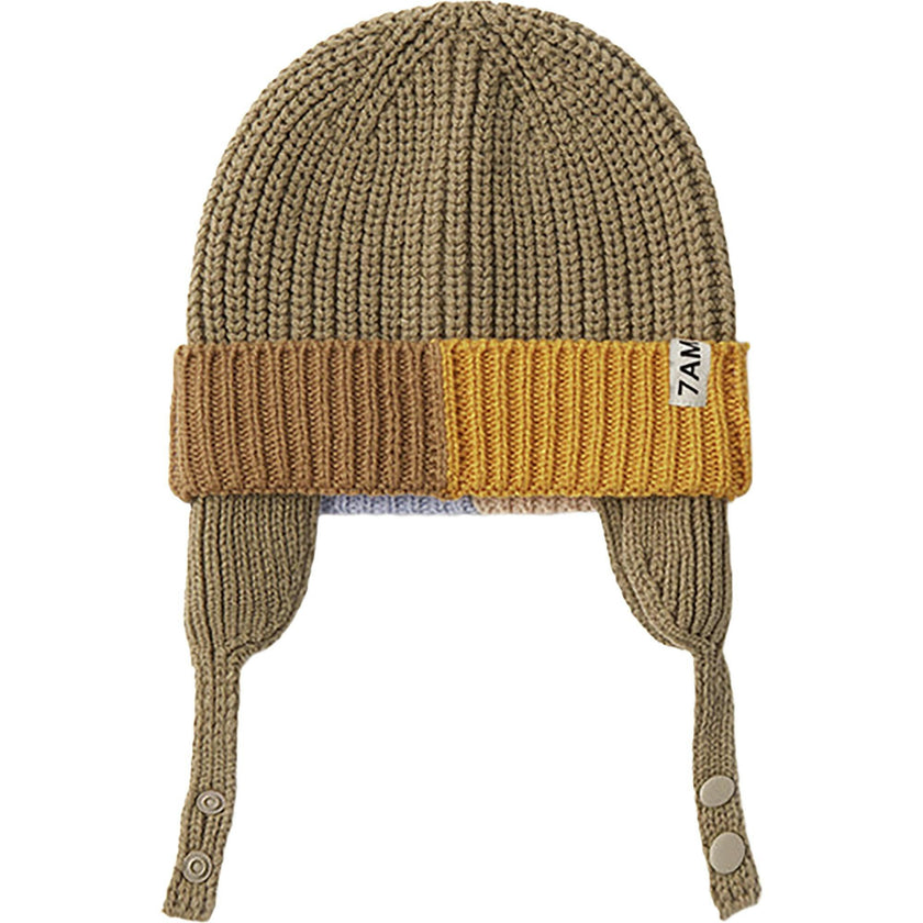 Chunky Ribbed Knit Chin Strap Snap Earflaps Elastic Fit Beanie