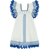 Serena Girl's Tassel Dress White Lapis Blue Embroidery, Blue