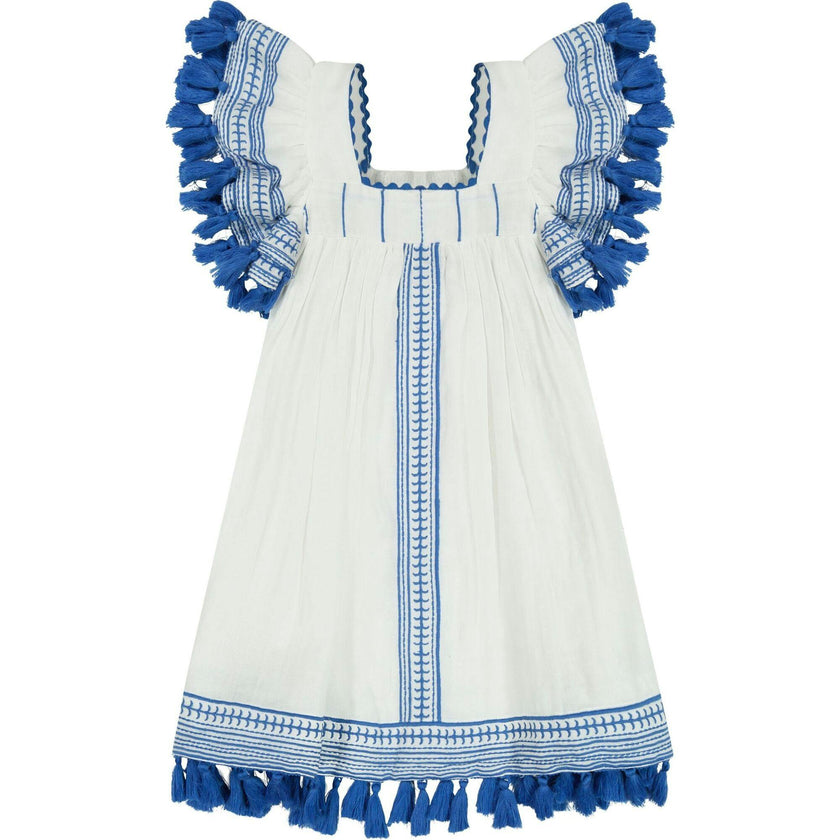 Serena Girl's Tassel Dress White Lapis Blue Embroidery, Blue