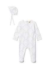 Print Bow Detail Snap Front Romper and Hat Two Piece Set