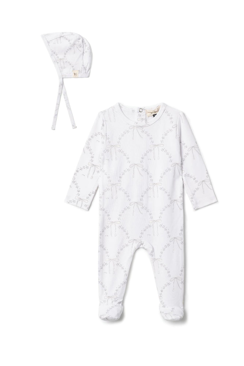 Print Bow Detail Snap Front Romper and Hat Two Piece Set