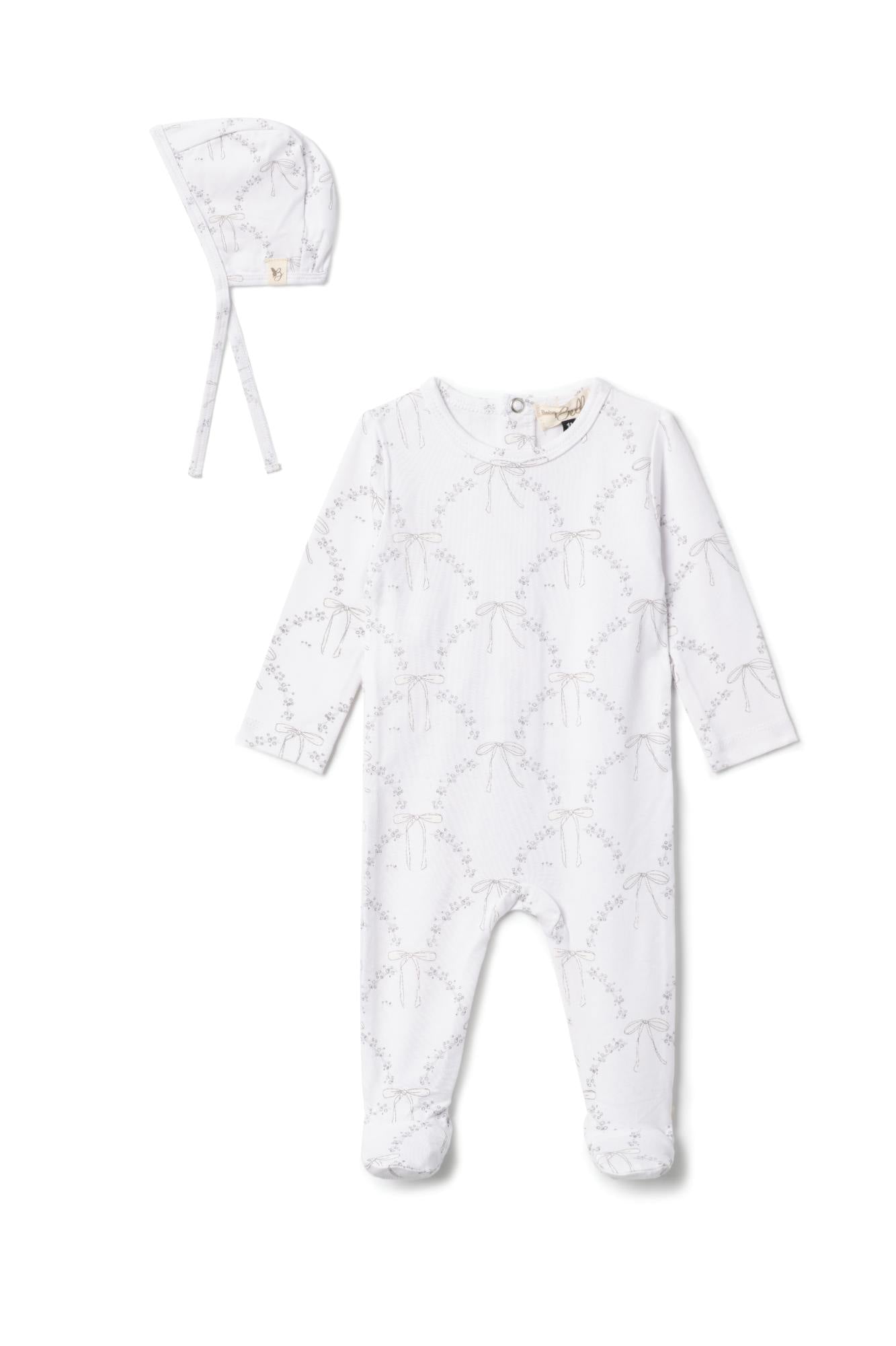 Print Bow Detail Snap Front Romper and Hat Two Piece Set