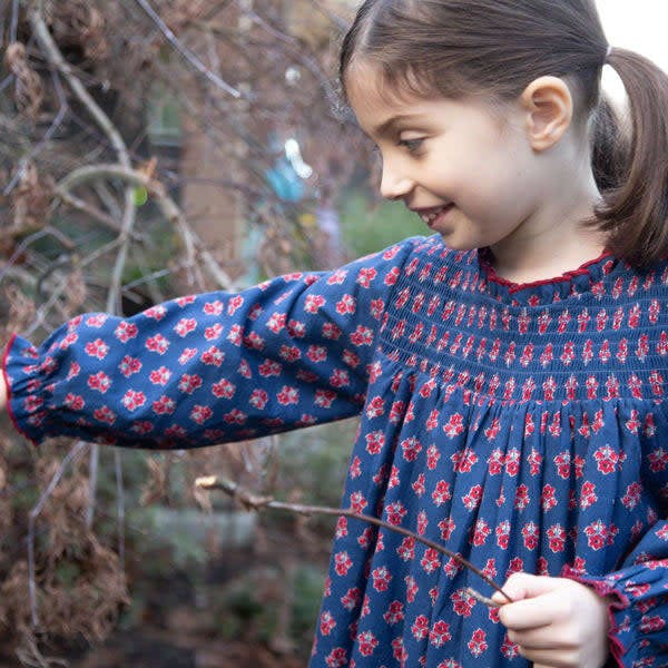 Girls All-Over Print Smocked Long Sleeve Dress