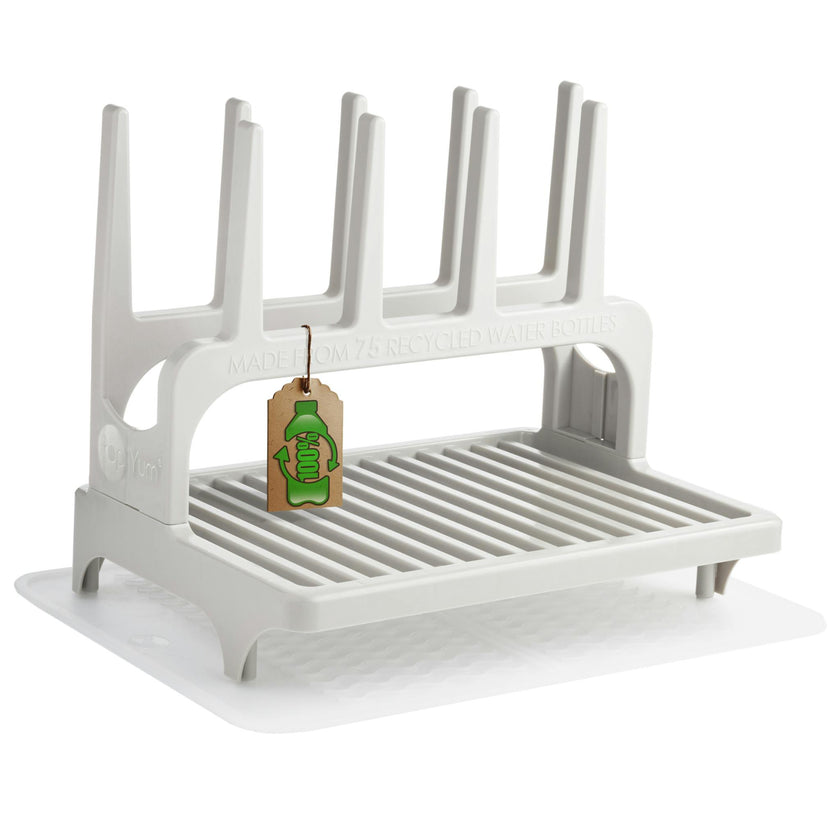 PopYum Seattle Gray Drying Rack from 100% Recycled Bottles with Silicone Drying Mat, countertop for Baby Bottle, Plastic Bags, Cups, Compact