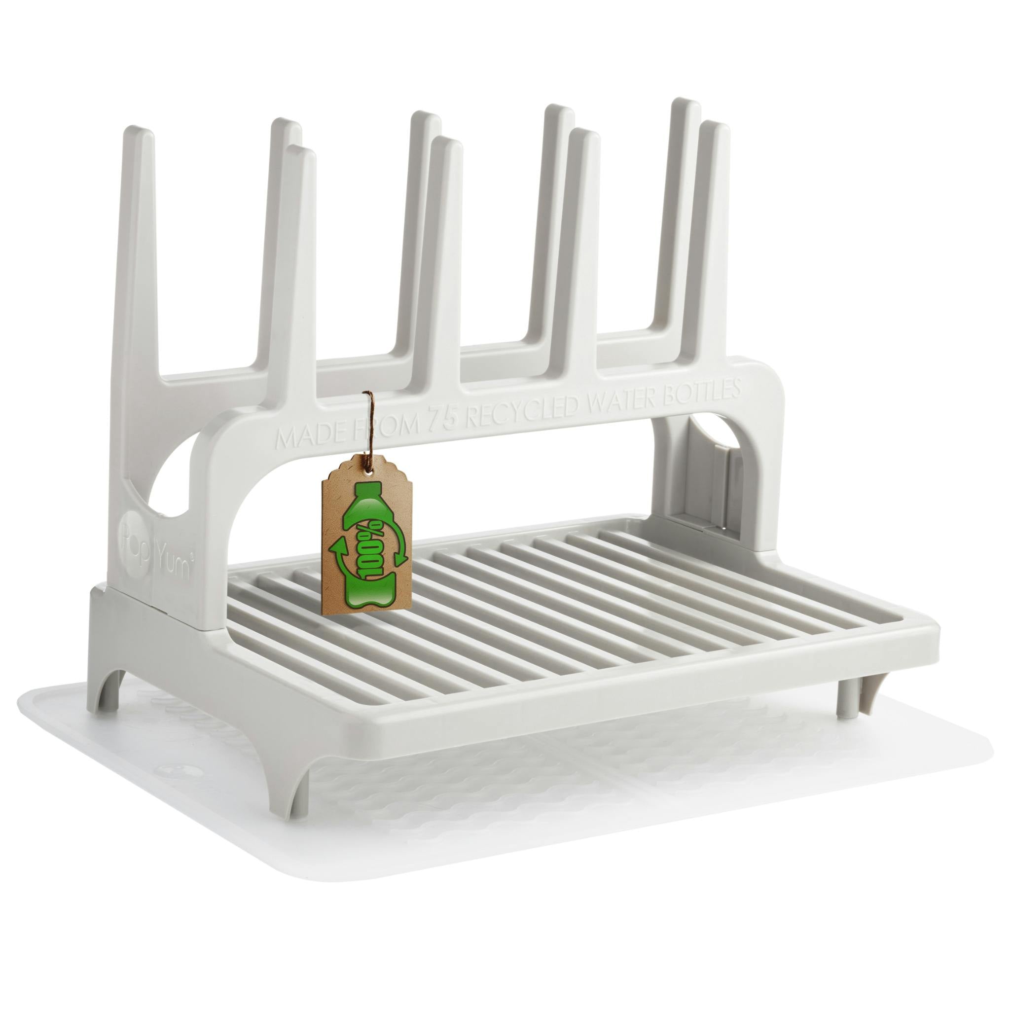 PopYum Seattle Gray Drying Rack from 100% Recycled Bottles with Silicone Drying Mat, countertop for Baby Bottle, Plastic Bags, Cups, Compact