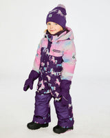 Kids One Piece Play Snowsuit Purple Unicorn Print