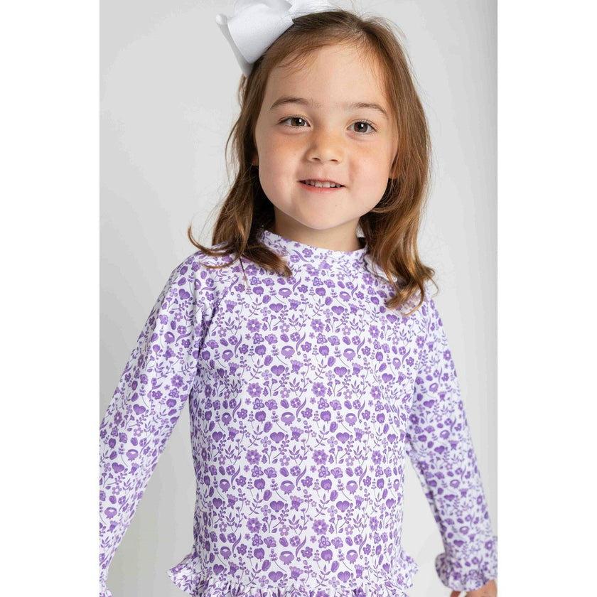 Floral Print Rashguard Swimsuit W/Ruffles