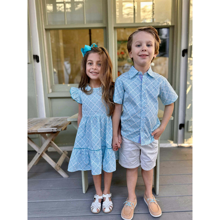 Geometric Blue Ruffle Dress