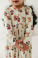 Girls Long Sleeve Henley Dress in Christmas Dogs